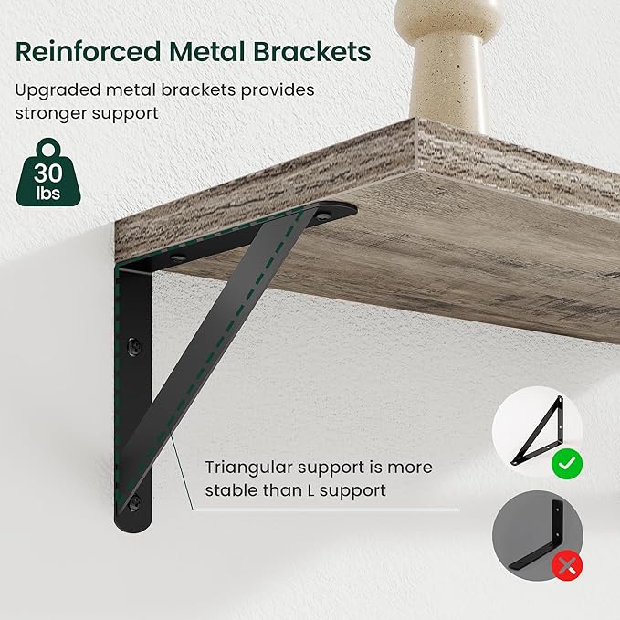 Floating Shelves, 8 Inch Deep Rustic Wood Wall Storage, 16W x 8D Wall Shelves Set of 2, Heavy Duty Metal Brackets, Industrial Book Shelf for Living Room, Kitchen, Bathroom, Bedroom, Grey