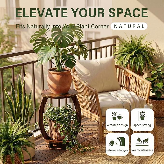 2 Tier Wooden Plant Stand Indoor with Wheels – Tall Plant Stand for 6-12 Inch Pots, Mid-Century Modern Rustic Plant Table Indoor, Pedestal Stand for Corner, Living Room, Balcony