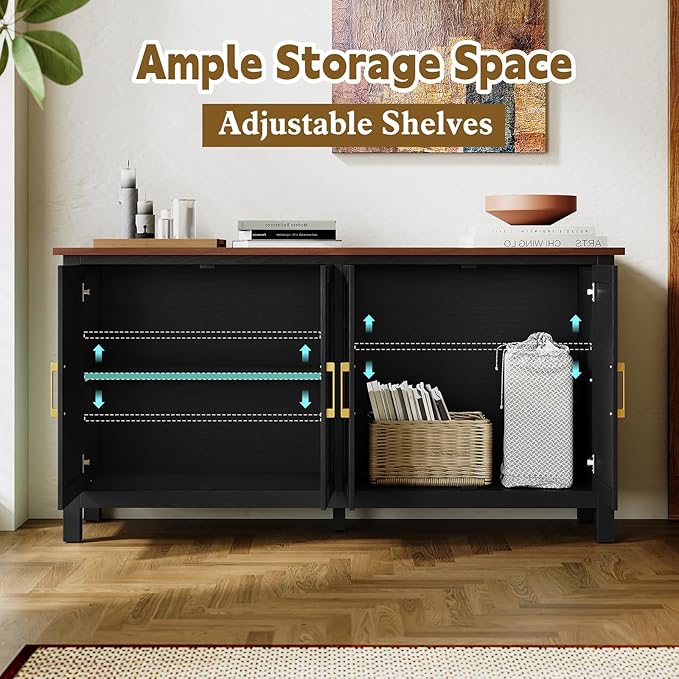 ARTPOWER Large Sideboard Buffet Cabinet with Storage, 60" Accent Cabinet Modern Buffet Table with Adjustable Shelf, Credenza Black Storage Cabinet for Dining Room, Living Room, Kitchen, Entryway