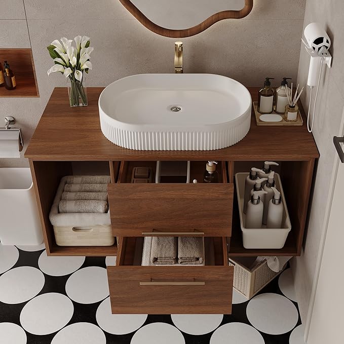 Glintee 40" Modern Floating Bathroom Vanity with Ceramic Basin– Wall-Mounted Solid Wood Cabinet with 2 Drawers & Dual Open Shelves, Easy Assembly (Walnut)