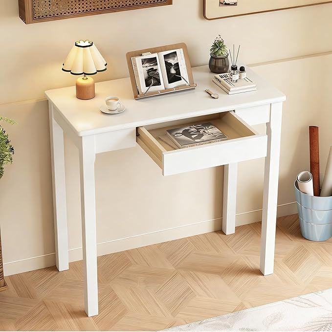 Solid Wooden Desk with Drawers - 32 x 16 Inch Narrow Desks for Small Spaces, Rubberwood Simple Study Table, Small Writing Desk for Bedroom - Modern White Desks