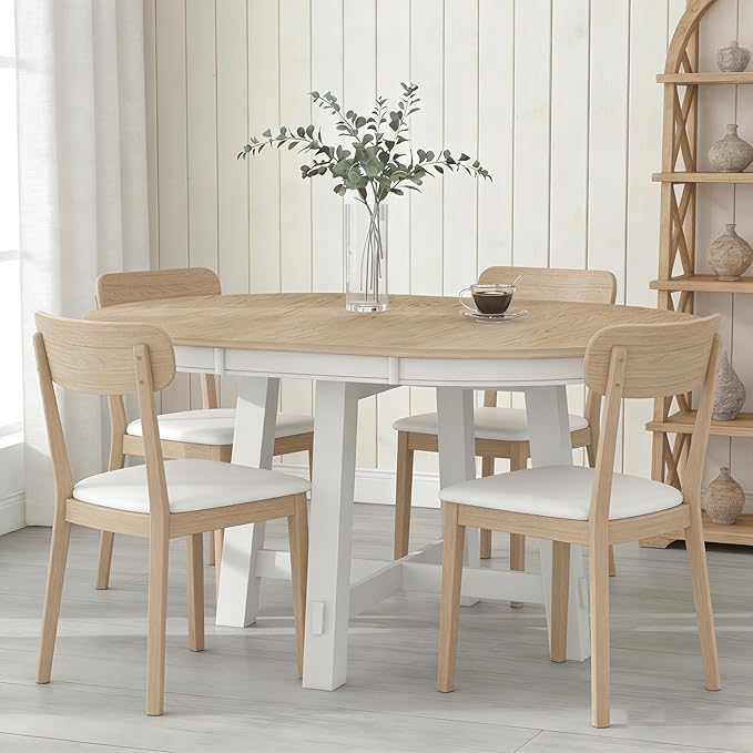 Bellemave 42"-58" Extendable Dining Table for 4-6, Solid Wood Oval Dining Kitchen Table with Removable Leaf, Farmhouse Circle Desk for Kitchen Living Room Space Saving (Natural+White)