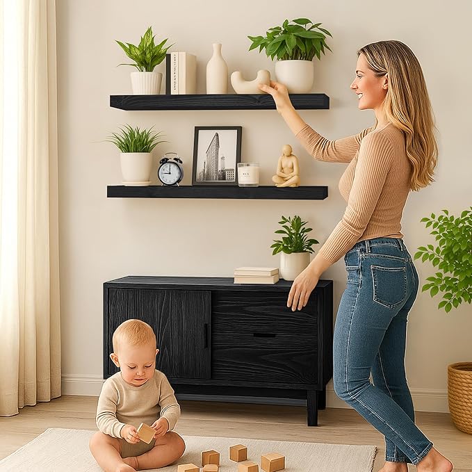 Wood Floating Shelves 36 inch Long Set of 2,8 inch deep Solid Wood Wall Mounted Shelves for Living Room Kitchen,Book Shelf for Wall with Hidden Bracket- Black