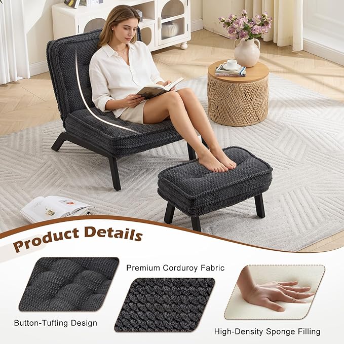 ANJ Armless Accent Chair with Ottoman Adjustable Backrest, Black Living Room Chair Tufted Upholstered Lounge Chair with Footrest Set, Modern Chair Cozy Reclining Chair for Reading Room Bedroom