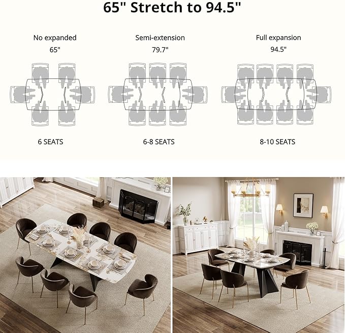 Extendable Dining Table with Leaf, 65"-95" Rectangular Sintered Stone, Marble-Look Top, Seats 6-12, Metal Base, Easy-Clean, Heat & Scratch Resistant, Dining Room/Kitchen Table for Family Gatherings