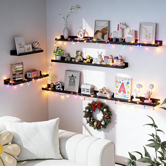 Heimlove Picture Ledge Shelf, Floating Shelves Set of 2, 56 Inches Picture Shelf for Wall with Ledge, Kids Bookshelf Wall Mounted for Living Room Bedroom Decor Books Photo Frames, Black