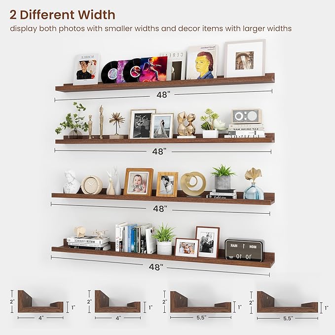 Axeman Picture Ledge Shelf | 48 Inch Walnut Floating Shelves Set of 4 | Rustic Wood Wall Shelves with Lip | 48" Walnut Picture Shelves for Wall with Ledge | Photo Shelves