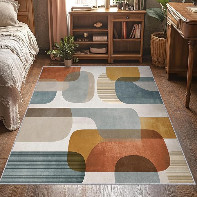 5x7 Mid Century Geometric Rugs for Bedroom Decor, Washable Mid Century Modern Pattern Area Rug, Living Room Home Decoration, Non Slip Soft Thin, Modern Abstract Decor Carpet PF-P 117