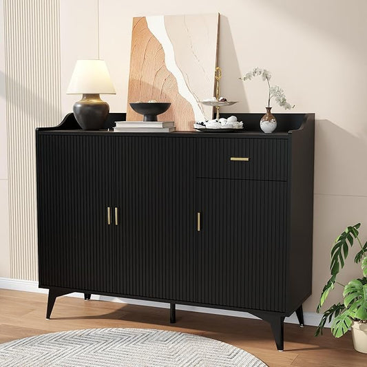 Black Buffet Cabinet with Storage: 47" Fluted Sideboard Cabinet with Drawers, Wood Accent Cabinet with 3 Doors, Wood Credenzas for Living Room, Kitchen (47")