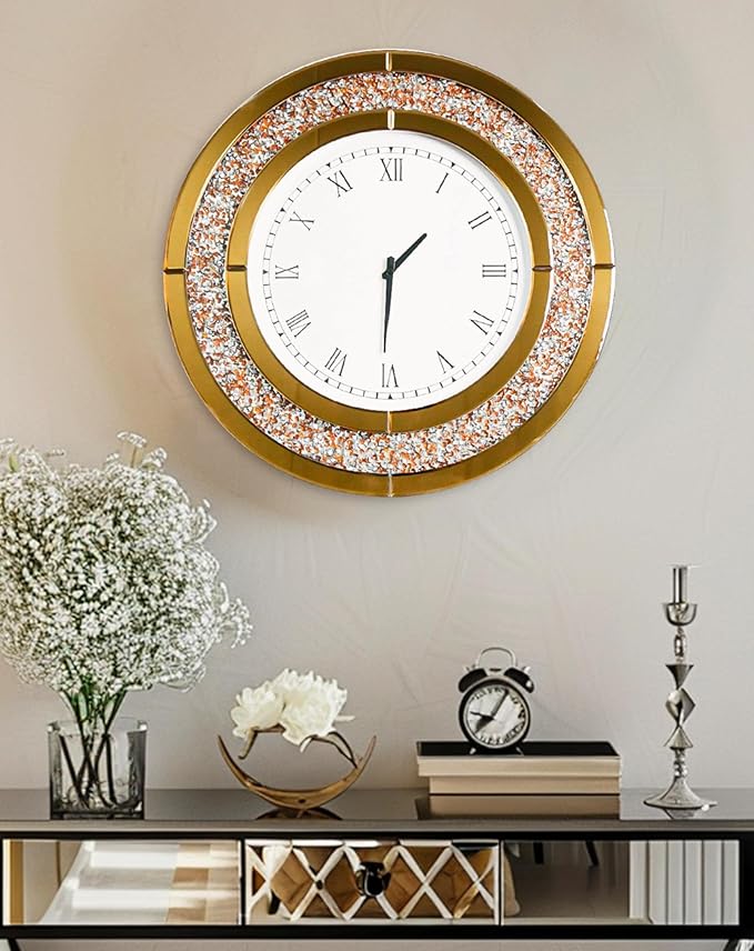 Crushed Diamond Wall Clock Round Decorative Mirrored Clock 32 inch Brown