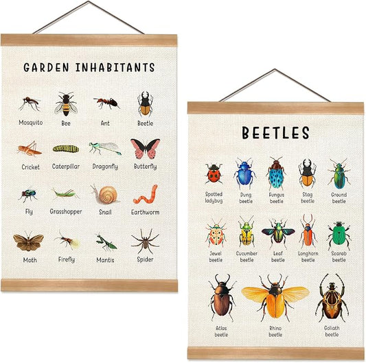 ZTGDA Insect Posters Garden Inhabitants&Beetles Linen Canvas Wall Art with Wooden Frame, Montessori Nature Posters for Classroom Playroom or Homeschool Decor(Set of 2 Insect)