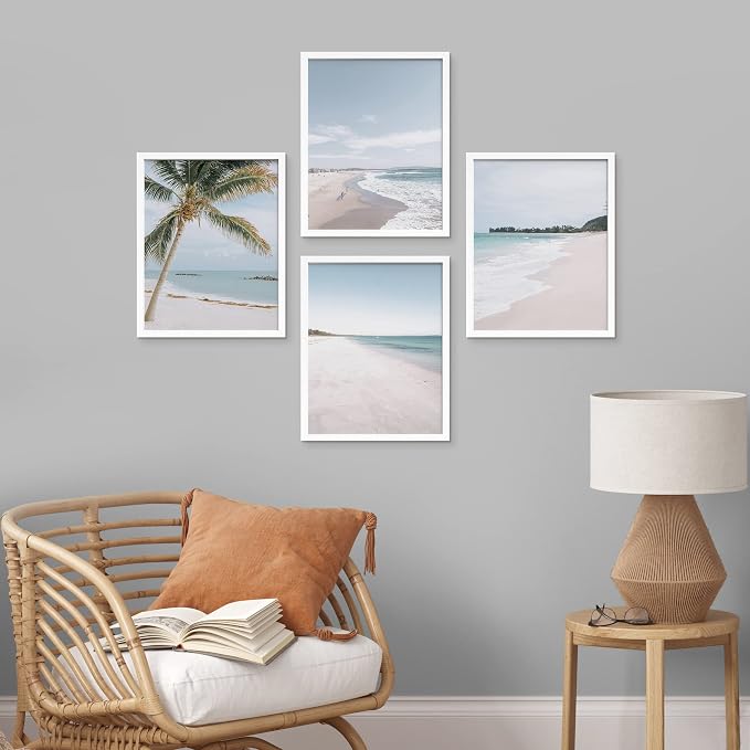SIGNWIN Framed White Beach Shore Tropical Palm Tree Island Wall Art, Set of 4 Landscape Colorful Wall Decor Prints, Nature Wilderness Wall Décor for Living Room, Bedroom - 8"x10" White