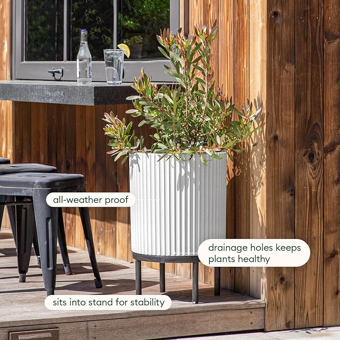 Veradek Demi Series Round Planter w/ Stand for Porch/Patio | Durable Plastic-Concrete & Wooden Stand | Modern Décor for Tall Plants, Flowers