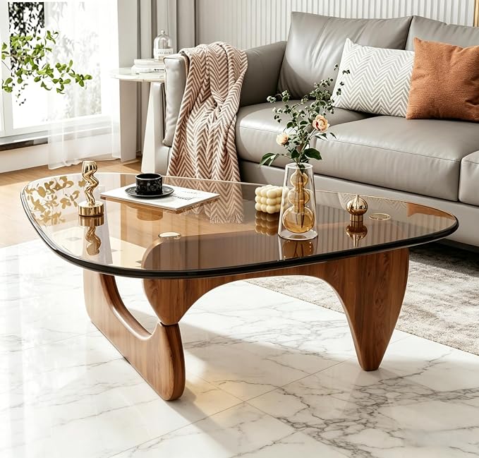 Modern Glass Coffee Table for Living Room, Small mid Century Coffee Table, Stylish Coffee Tables Suitable for Bedroom Living Room Reception Office Tables (Walnut, Large)