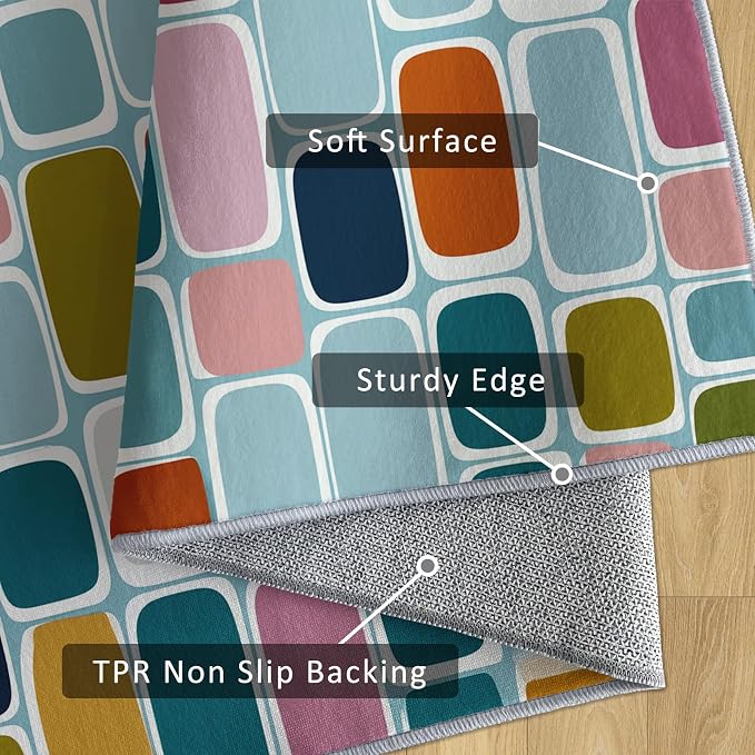 Mid Century Modern Rugs 4x6, Geometric Retro Washable 4 x 6 Area Rug for Living Room, Bedroom, Low Pile Non Slip Stain Resistant Carpet, Mid Century Home Decor Accessories & M908