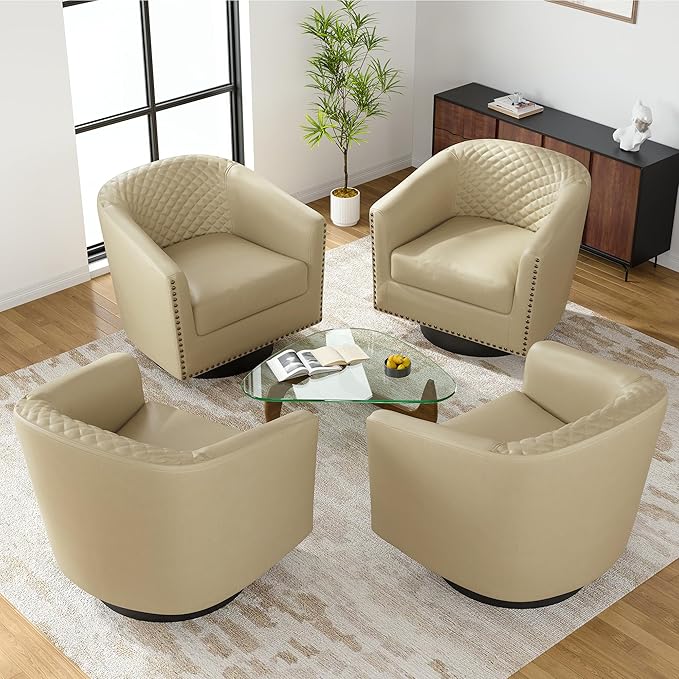 UIXE Swivel Accent Chairs Set of 2, PU Leather Barrel Club Chair for Living Room, Upholstered Round Armchair Comfy Single Sofa Bedroom Reading Seat - Beige