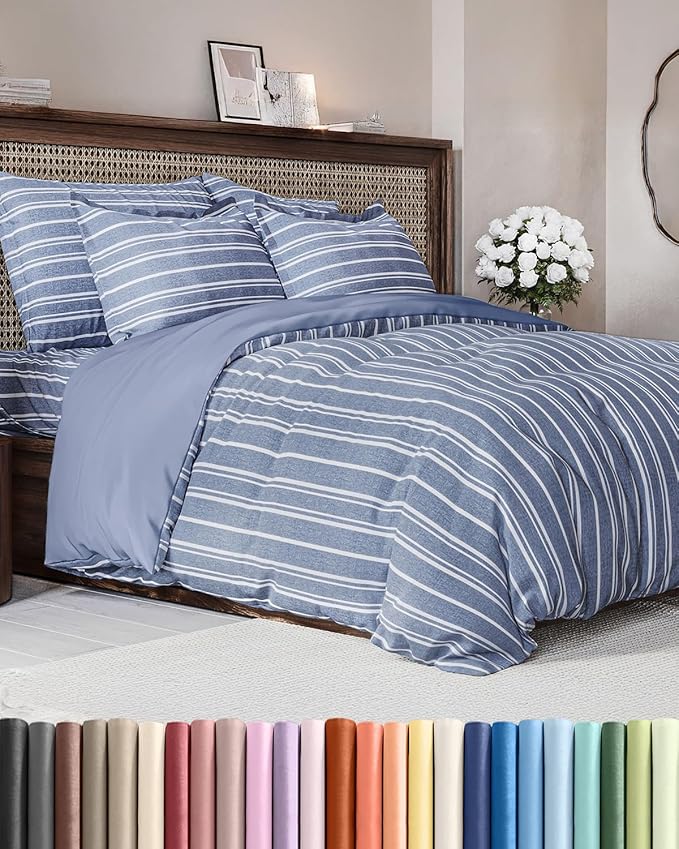 Duvet Cover Queen Size - Extra Soft Queen Size Duvet Cover - Lightweight, Breathable, Easy Care & Fade Free w/Zipper Closures & Ties - 90" x 90" Inches - (Blue Stripes 3) Comforter Not Included