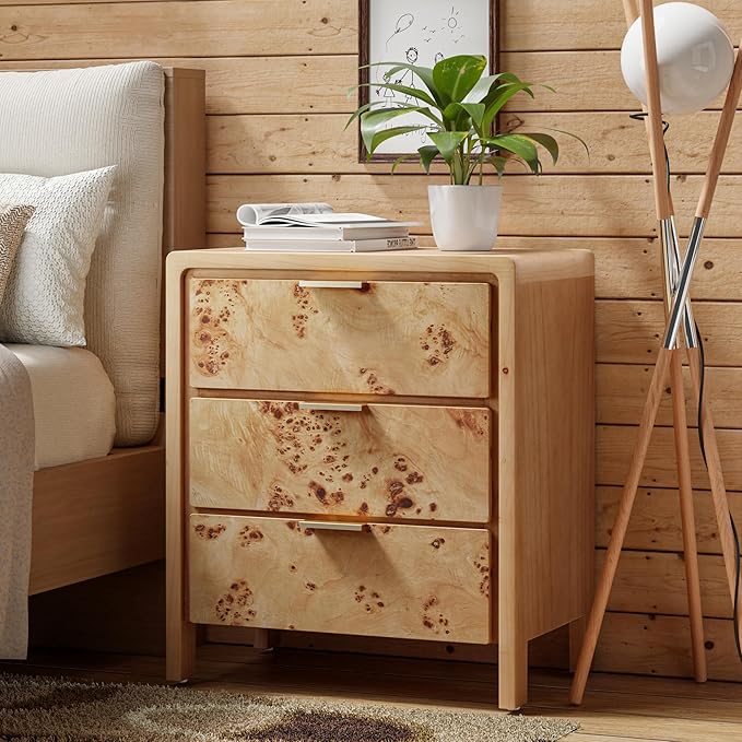 COZAYH Set of 2 Burl Finish 3 Drawer Nightstand, Wood Rustic Farmhouse Dresser, Vintage Accent Storage Bedside Table for Bedroom Entryway, Fully Assembled, Natural