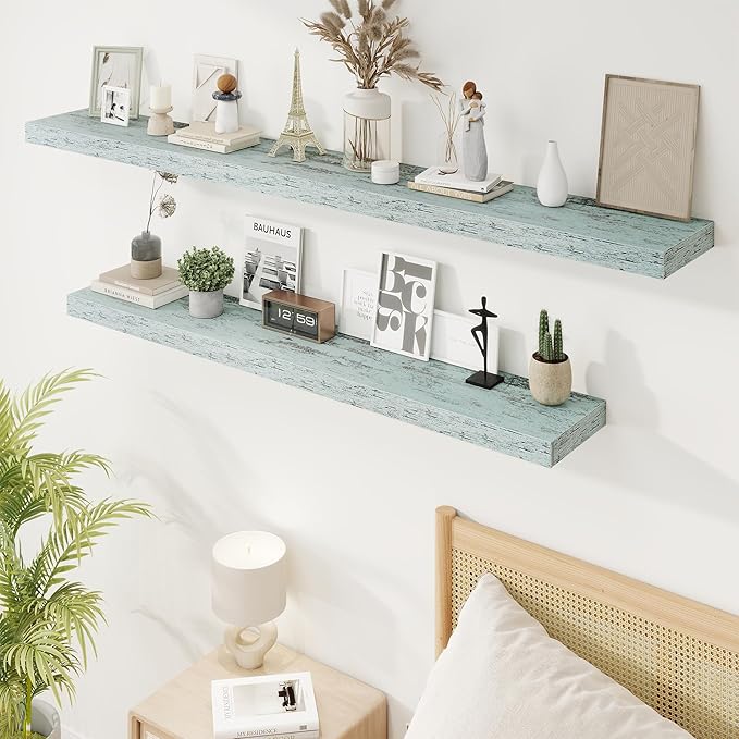 55in Floating Shelves for Wall, 55"W x 9.25"D x 1.5"H, Long Wall Mounted Engineered Wood Shelves with Invisible Brackets for Living Room, Bedroom, Bathroom, Kitchen Decor and Storage, Blue
