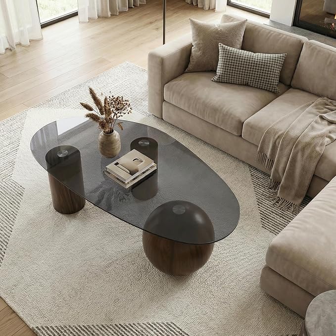 55" Black Glass Top Cloud Coffee Table, Modern Irregular Coffee Table with Walnut Finished Legs, Modern Indoor Accent Center Table for Living Room Bedroom