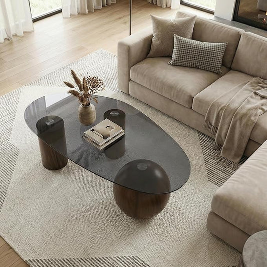 55" Black Glass Top Cloud Coffee Table, Modern Irregular Coffee Table with Walnut Finished Legs, Modern Indoor Accent Center Table for Living Room Bedroom