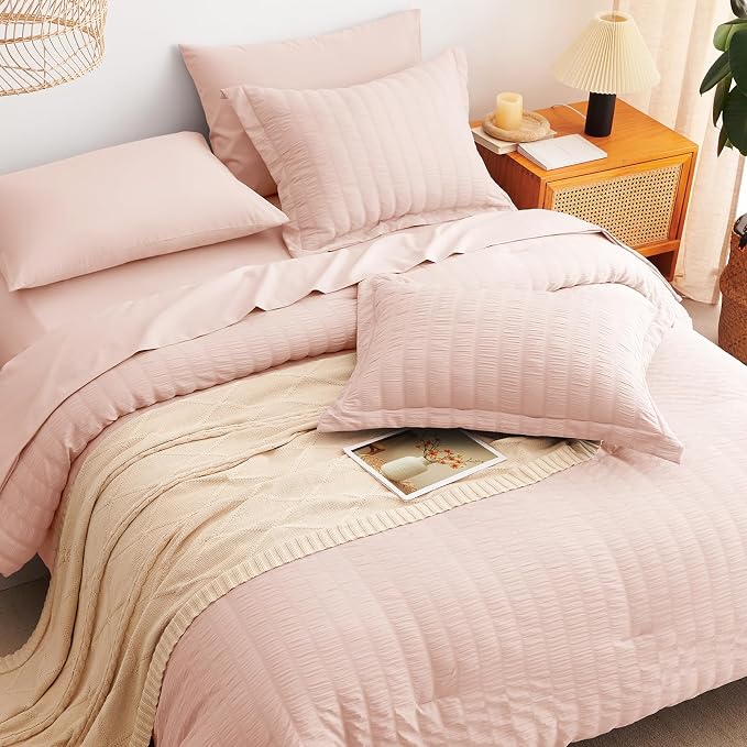 CozyLux King Size Comforter Set Blush Pink, 7 Pieces Seersucker Textured Luxury Bed in a Bag, All Seasons Soft Bedding Sets with Down Alternative Comforter, Sheets, Pillowcases & Shams, Home Gift