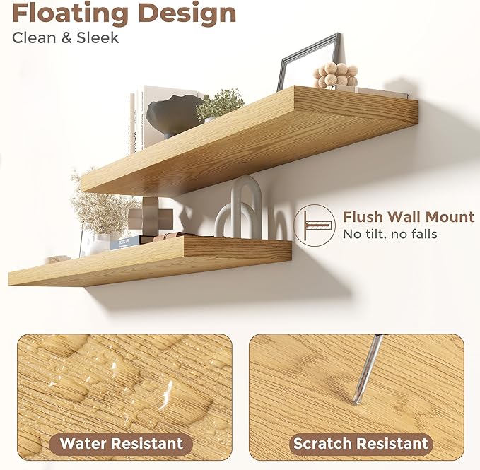 Floating Shelves for Wall with Invisible Brackets, Wall Mounted Engineered Wood Shelves with Wood Grain for Living Room, Bedroom, Bathroom, Kitchen Decor and Storage, Oak, 48"L Set of 2, Oak