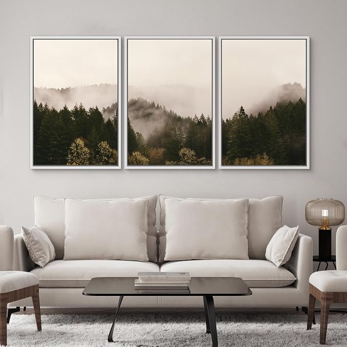 SIGNWIN 3 Piece Framed Canvas Wall Art Brown Foggy Mountains Nature Wilderness Photography Abstract Rustic Canvas Prints Home Artwork Decoration for Living Room,Bedroom - 24"x36"x3 White