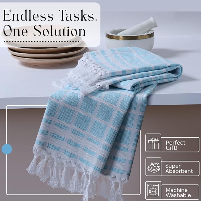Matrix Dobby Kitchen Towels 12 Pack, 100% Cotton, 16x26 Inches, Handmade Knotted Tassel Tea Towels, Reusable & Absorbent Wash Rags for Drying and Cleaning - Aqua Blue, White