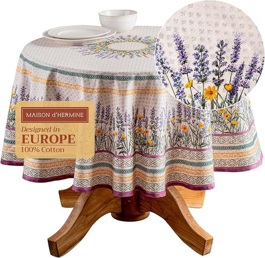 Maison d' Hermine Table Cloth Round Table 100% Cotton 63 Round Inches Tablecloth Reusable Decorative for Dining Room Farmhouse Home Valentines Day Decorations Spring Summer - Fanny Lavender