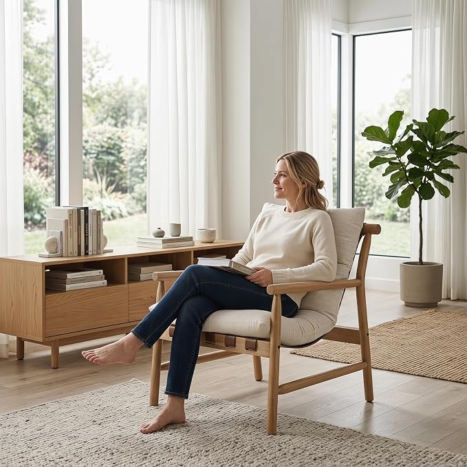 Linen Accent Chair Mid Century Modern Living Room Chairs Comfy Arm Chair with Solid Wood Frame Upholstered Lounge Reading Chair Cozy Recliner for Bedroom/Guest Room, Beige