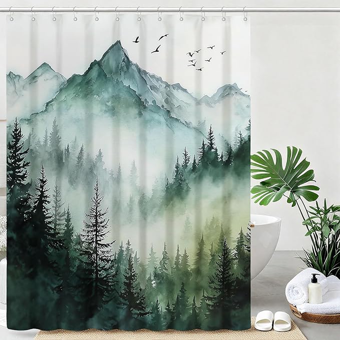 Mountain Tree Shower Curtain Watercolor Landscape Shower Curtains for Bathroom Waterproof Fabric Bath Curtain Decor with Hooks