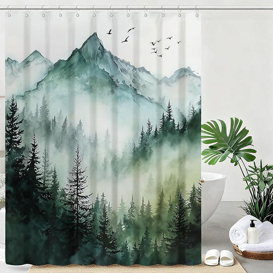 Mountain Tree Shower Curtain Watercolor Landscape Shower Curtains for Bathroom Waterproof Fabric Bath Curtain Decor with Hooks