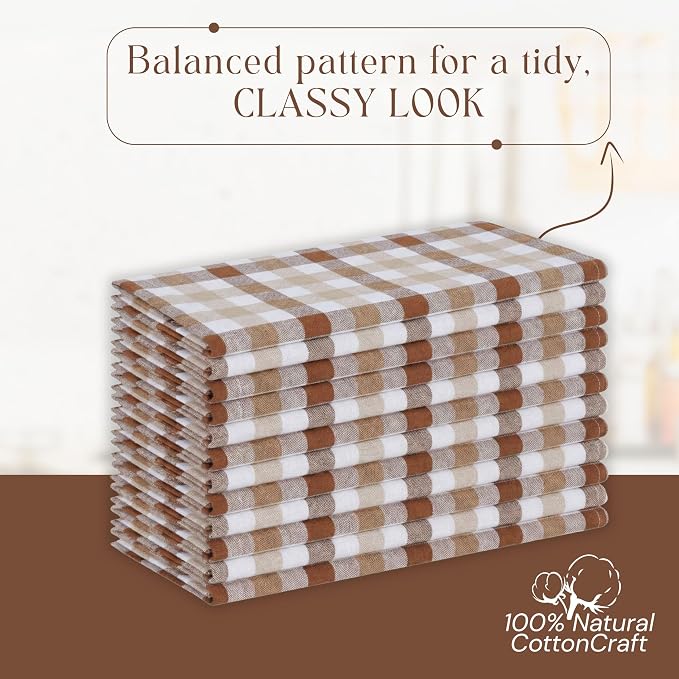 Checked Dish Towels 12 Pack, 18x26 Inches, Quick Dry Towels for Kitchen, Durable, Reusable, Absorbent Wash Cloths Set, Washable Fabric, Heavy Duty for Daily Use - Brown, Beige, White