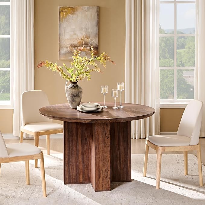 OKD 47" Round Dining Table for 4 People, Modern Pedestal Kitchen Table with Stable Cross Base & Thick Wood Top, Circle Dinner Table for Dining Room, Kitchen, Living Room, Rustic Walnut (Table Only)