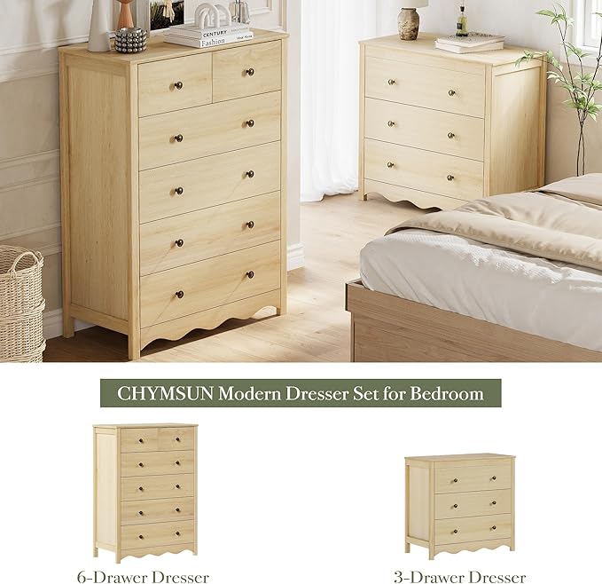 Dresser for Bedroom with 6 Drawers, 44” Tall Modern Wood Dresser Chest of Drawers with Metal Handle, Farmhouse Natural Solid Wooden Dressers Organizer for Living Room, Hallway
