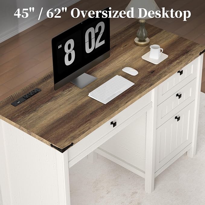 Executive Desk, Farmhouse Computer Desk with Drawers & Cabinet, Home Office Desk for Work Study Writing Workspace (Antique White, 45")