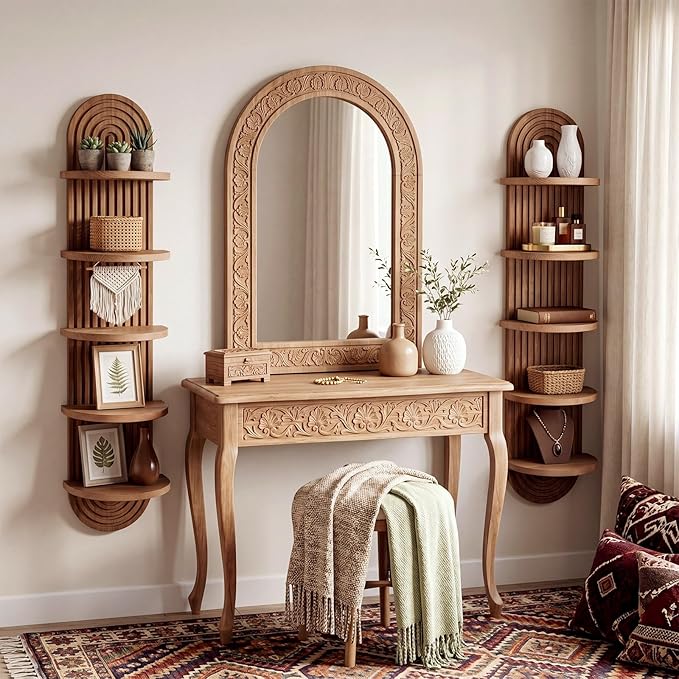 Pinkunn 5 Tier Boho Wall Decor Shelf, 47 Inch Tall Floating Wall Shelf Unit, Pine Wooden Mid Century Arch Decor for Home Bathroom Bedroom Living Room Office Vanity Holding Planter Decoration