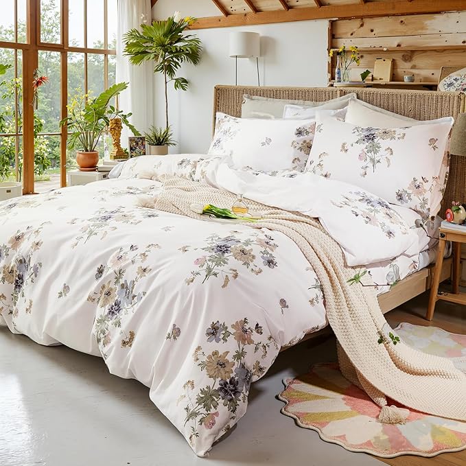 100% Cotton Duvet Cover Queen Size Vintage Floral Duvet Cover Set with Zipper Closure & Corner Ties 3 Pieces Botanical Bedding Sets Soft and Lightweight Comforter Cover for All Seasons