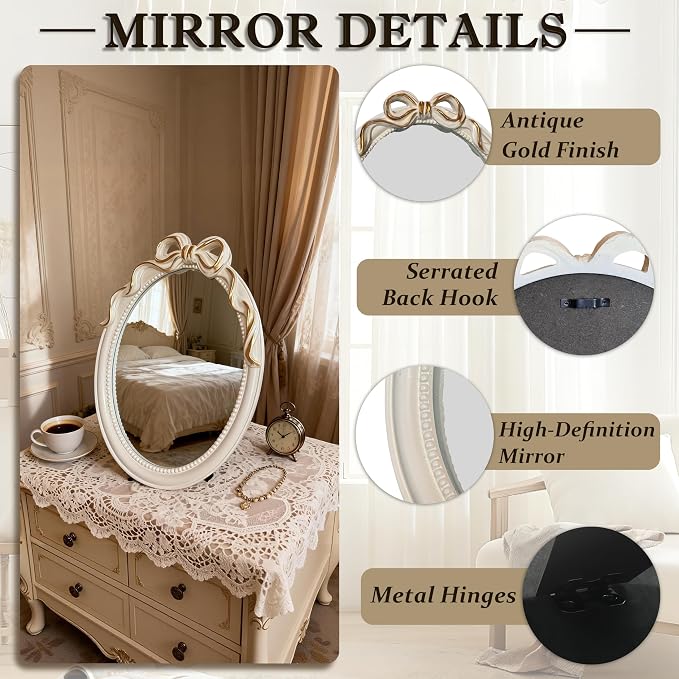 Vintage Vanity Desk Mirror -13x10Inch Wall-Mounted & Tabletop Decorative Ornate Gold Accent Retro Makeup Mirror for Bedroom Dresser Bathroom Living Room Oval