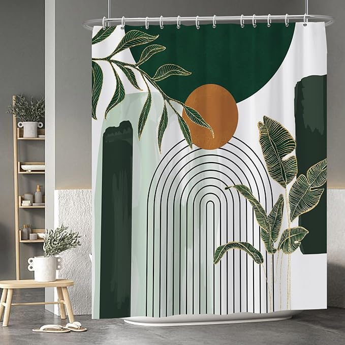 Baocicoo Abstract Mid Century Shower Curtain - Bohemia Tropical Leaf Modern Minimalist for Bathroom, Green Bath Accessory Art Decor, Fabric Durable with Hooks, 72x84 Inches