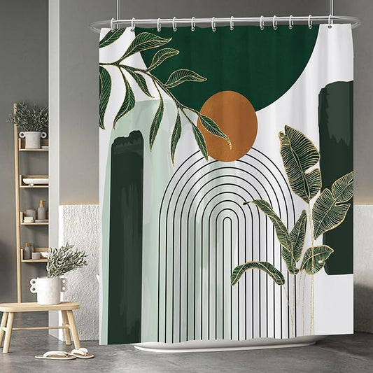 Baocicoo Abstract Mid Century Shower Curtain - Bohemia Tropical Leaf Modern Minimalist for Bathroom, Green Bath Accessory Art Decor, Fabric Durable with Hooks, 72x84 Inches