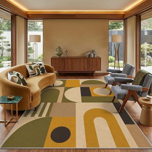 Olive Bauhaus Area Rug 6x9, Mid Century Modern Geometric Rug, Mustard Green Abstract Color Block Washable Low Pile Non Slip Rug for Living Room Bedroom