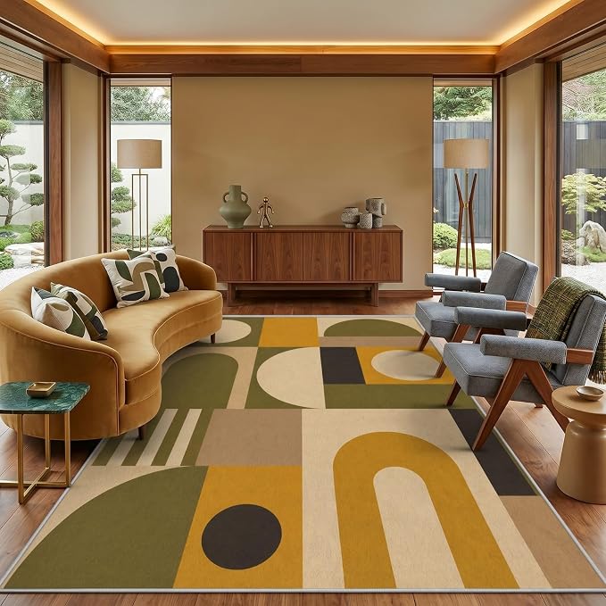 Olive Bauhaus Area Rug 5x8, Mid Century Modern Geometric Rug, Mustard Green Abstract Color Block Washable Low Pile Non Slip Rug for Living Room Bedroom