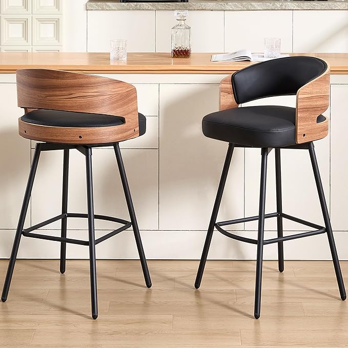 Swivel Bar Stools Set of 2, 26" Counter Height Bentwood Barstool, Upholstered Faux Leather Barstools with Walnut Back, Mid Century Modern Bar Chairs for Kitchen Island, Bar