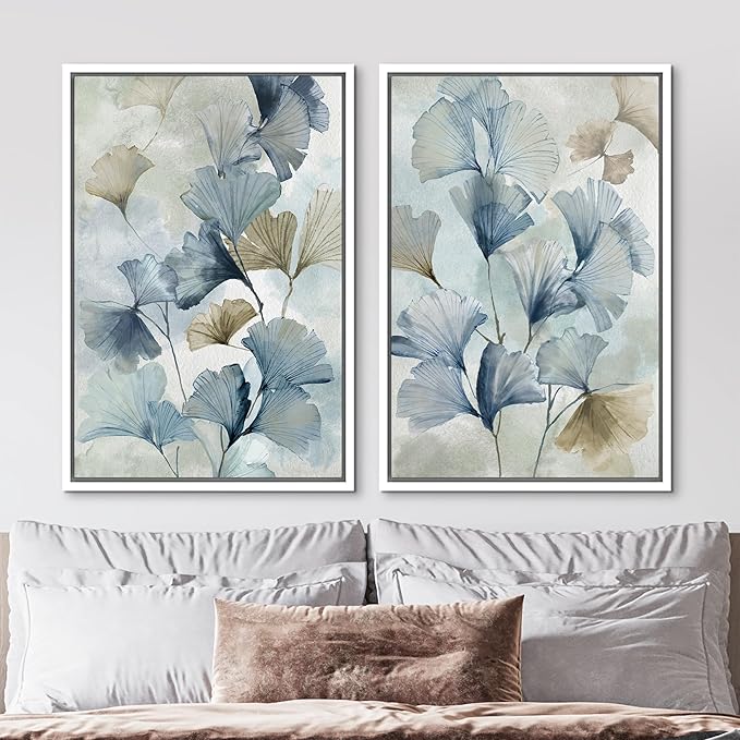 MUDECOR Framed Canvas Print Wall Art Blue Ginkgo Flower Illustrations Modern Art Decorative Bohemian Colorful Chic for Living Room, Bedroom, Office - 16"x24"x2 White