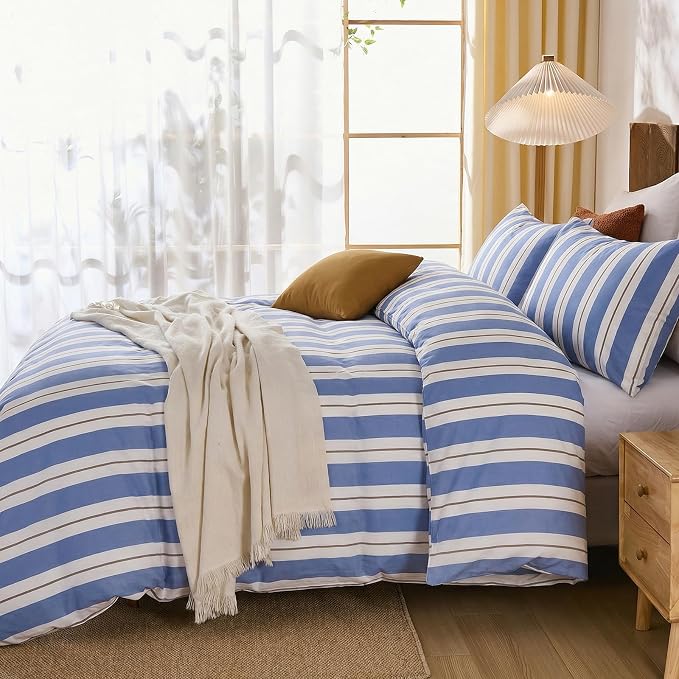 Merryword Blue and White Striped Duvet Cover Set King Size 100% Cotton Bedding Set with Modern Coastal Style Soft Breathable Linen Like Bedding Set 3 Pieces