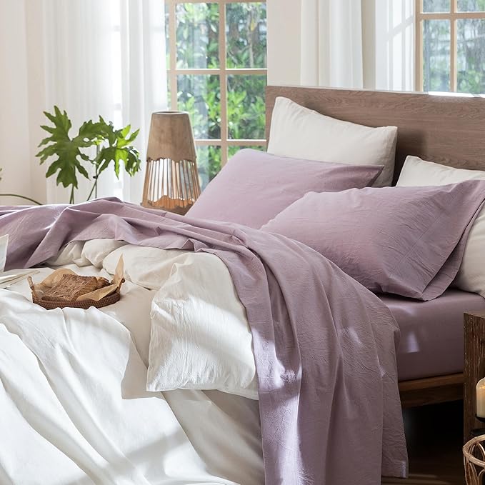 MooMee Bedding Sheet Set 100% Washed Cotton Linen Like Textured Breathable Durable Soft Comfy (Heathered Light Purple, Full)