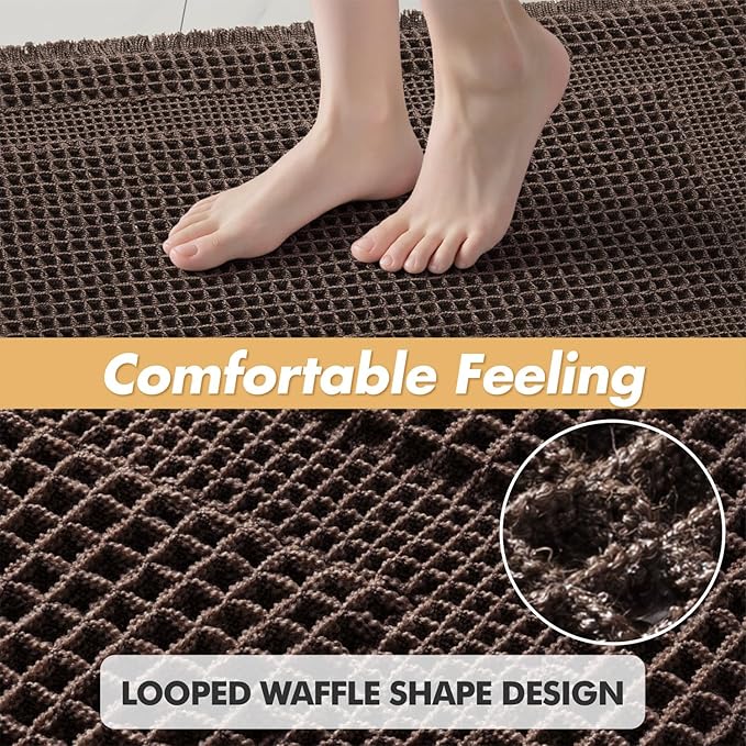 MIULEE Set of 2 Waffle Bathroom Rugs, Boho Bath Rug Super Absorbent, Non Slip Washable Ultra Soft Rubber Backed Shower Bath Mats for Floor, Tub, Shower, Looped Design, Chocolate, 17"x24"+18"x30"