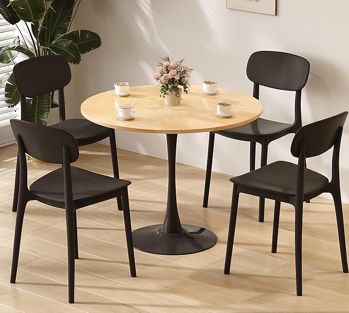 23.6 Inch Tulip Dining Table, Mid-Century Natural Wood Round Kitchen Table with MDF Tabletop and Pedestal Base, Modern Leisure Table for Small Space Kitchen Dining Room